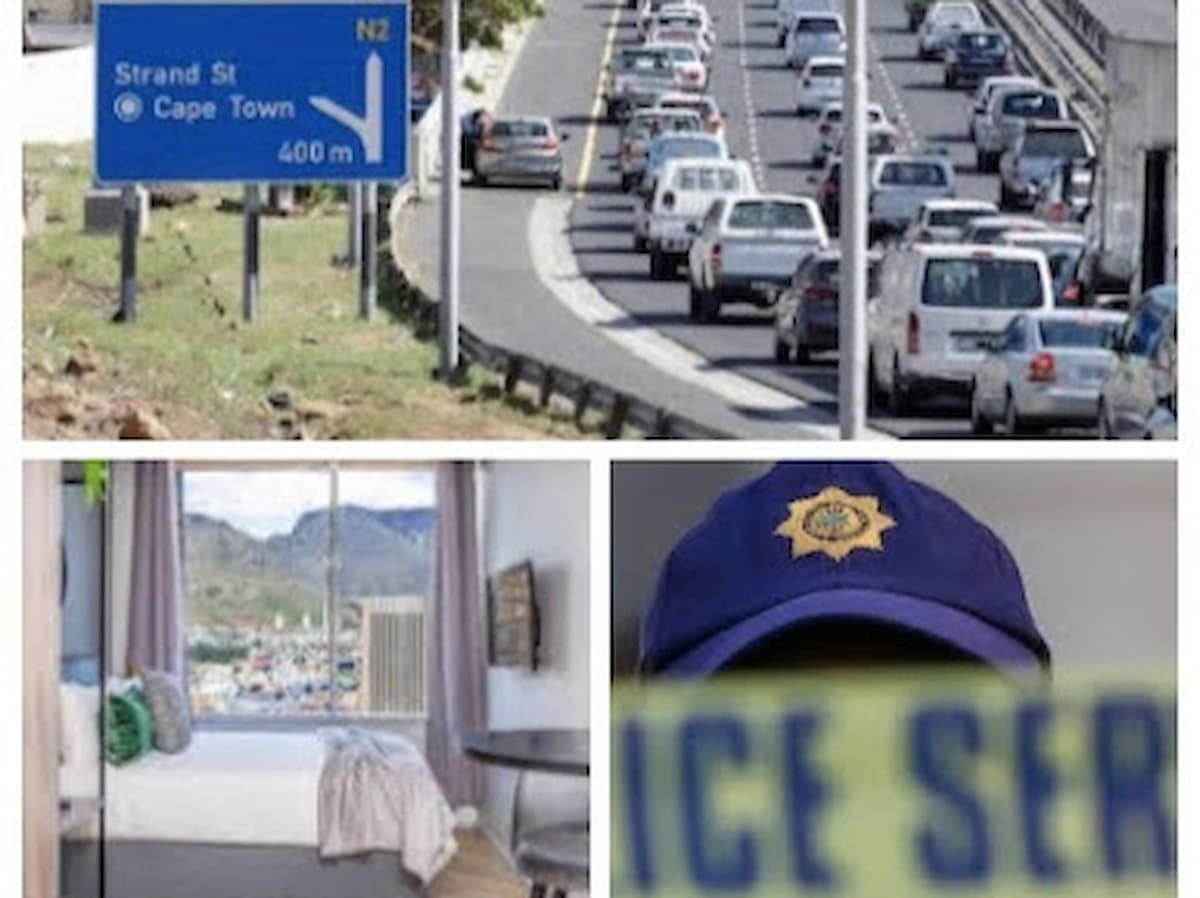 Customised image featuring cape town traffic, a cape town apartment and a saps officer. This image accompanies an article about the cost of living in the mother city