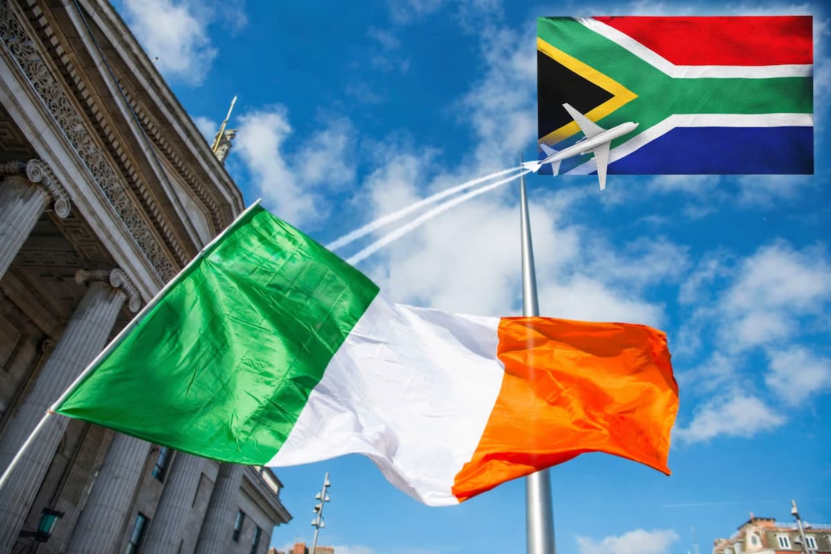 customised image featuring irish flag, south african flag, accompanying an article about deportations from Ireland to South Africa