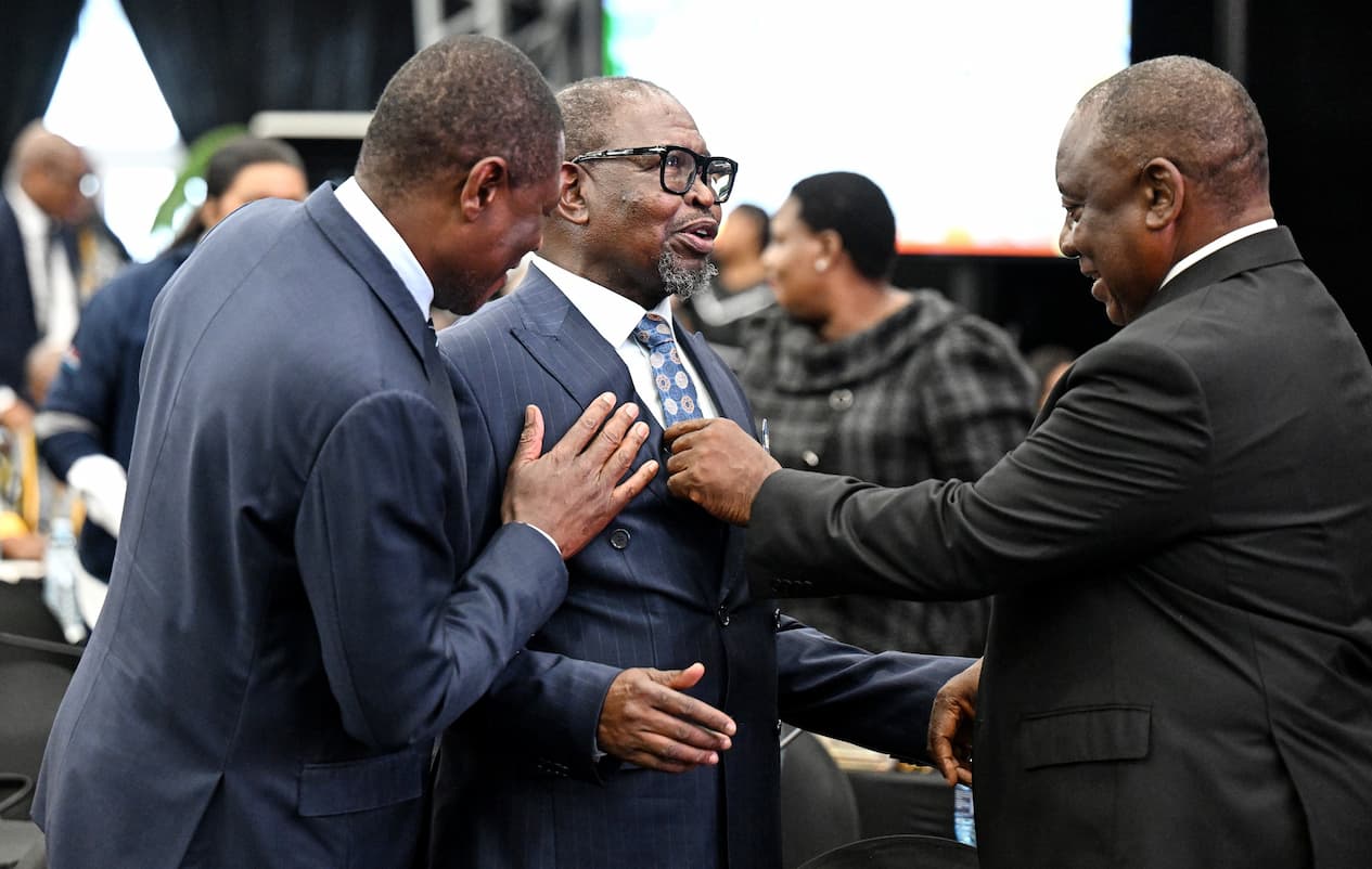 Finance Minister Enoch Godongwana, flanked by Deputy President Paul Mashatile, left, and President Cyril Ramaphosa, right, during Budget Speech 2026 on 25 February 2026, in Cape Town. This image accompanies an article about the Budget 2026 incentivising South African expats to return home