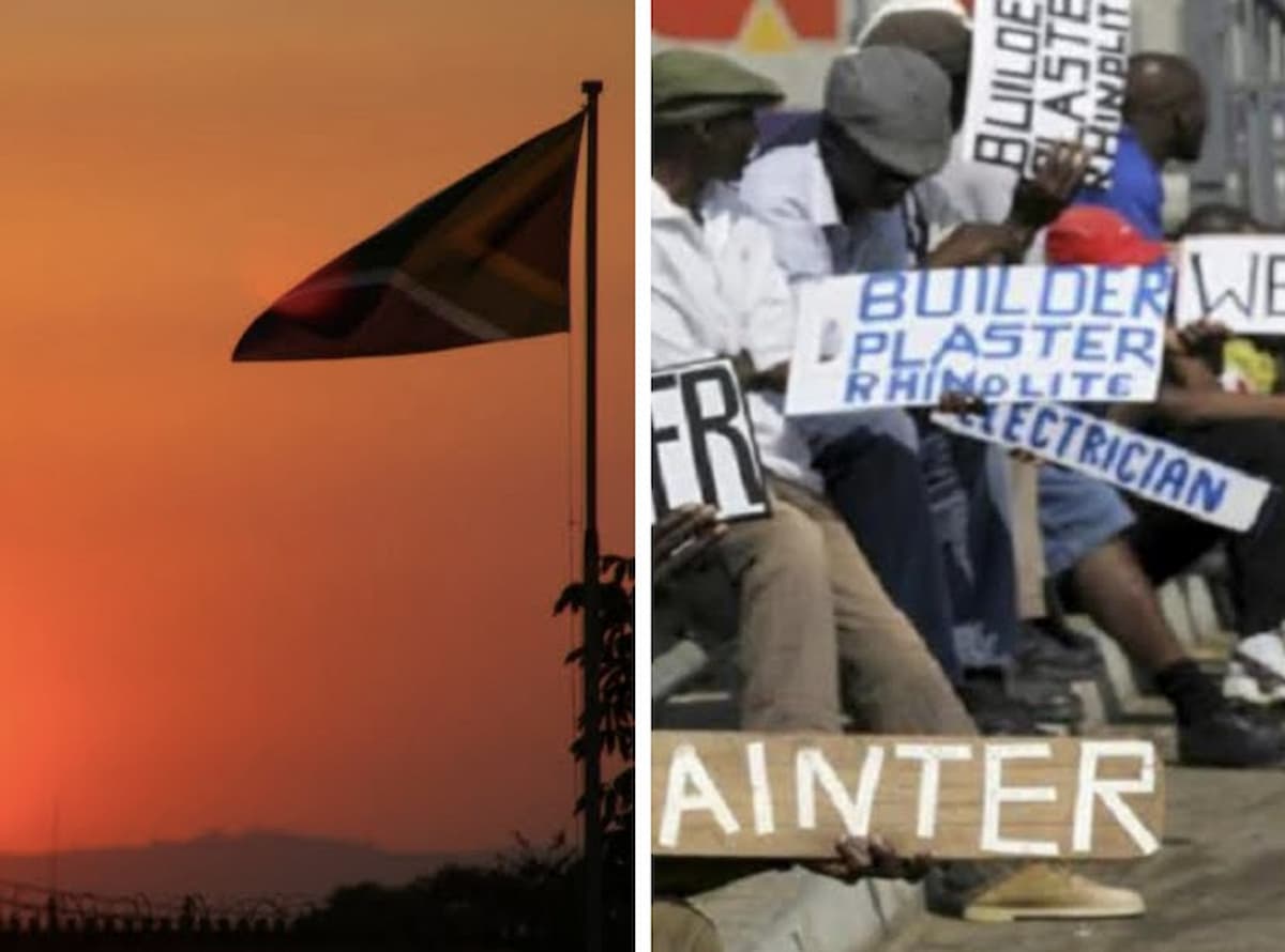 Side by side image of the south african national flag and jobless men with signs such as plumber, painter etc. This image accompanies an article about the Eastern Cape lagging behind South Africa's jobs recovery