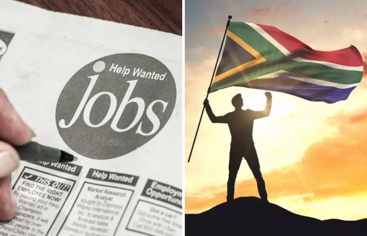 side by side image of jobs ad in a newspaper and man holding south african national flag. image accompanies an article about gauteng jobs losses in q4 2025