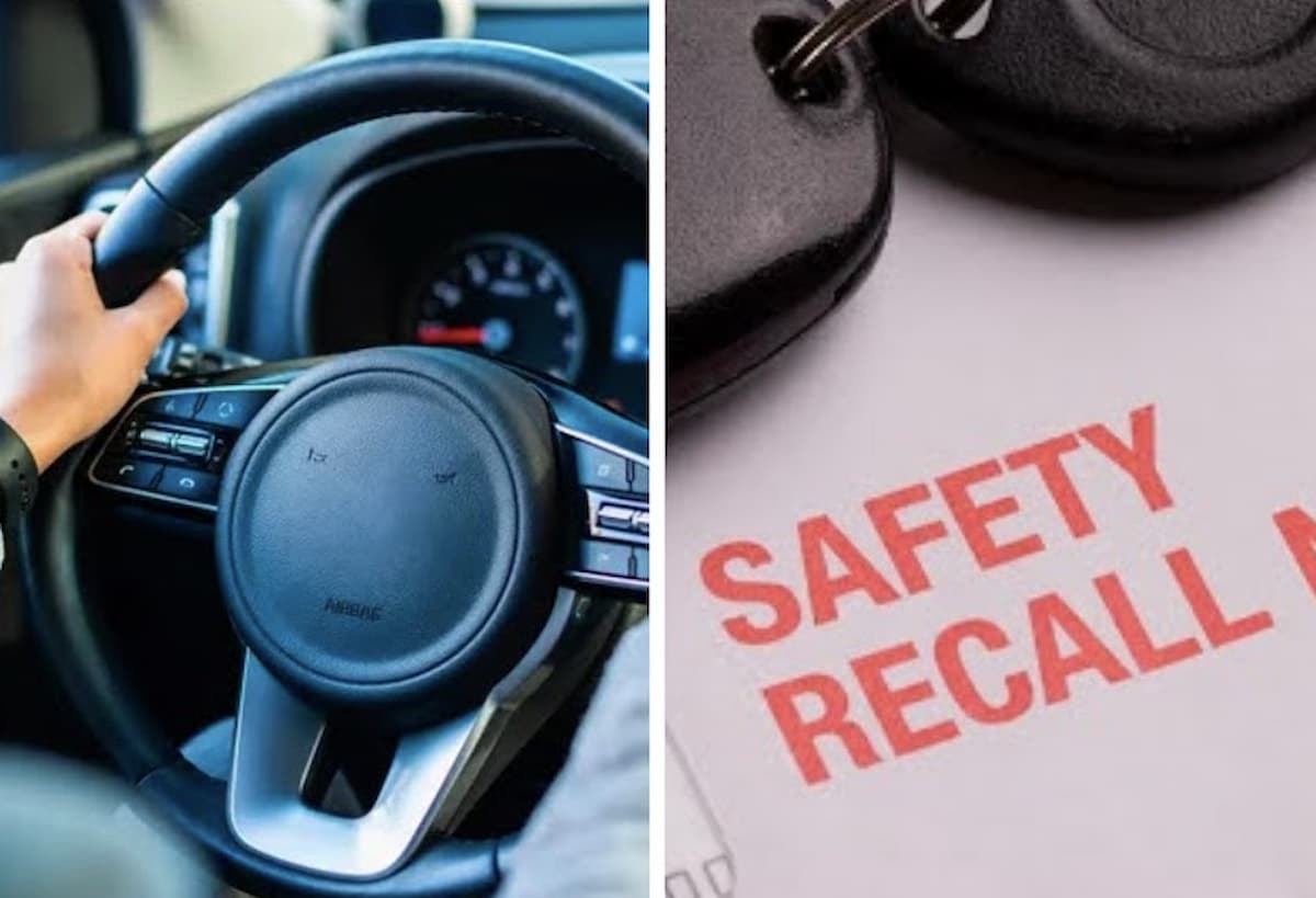 Customised side by side image of a steering wheel and safety recall document, accompanying an article about a vehicle recall in South Africa, in particular the Renault Kwid.