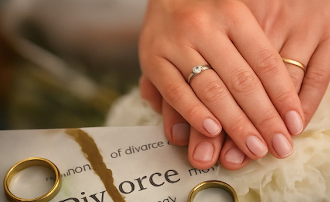 Customised image of a divorce document next to hands of a couple wearing wedding rings. This image accompanies an article about second marriages and divorces in South Africa